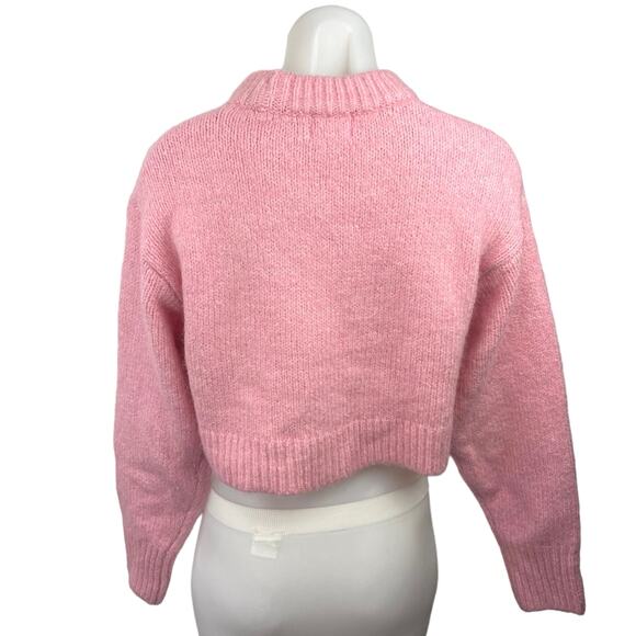 H&M Pink Wool Blend Crew Neck Long Sleeve Knit Cropped Pullover Sweater Size S - Picture 2 of 4